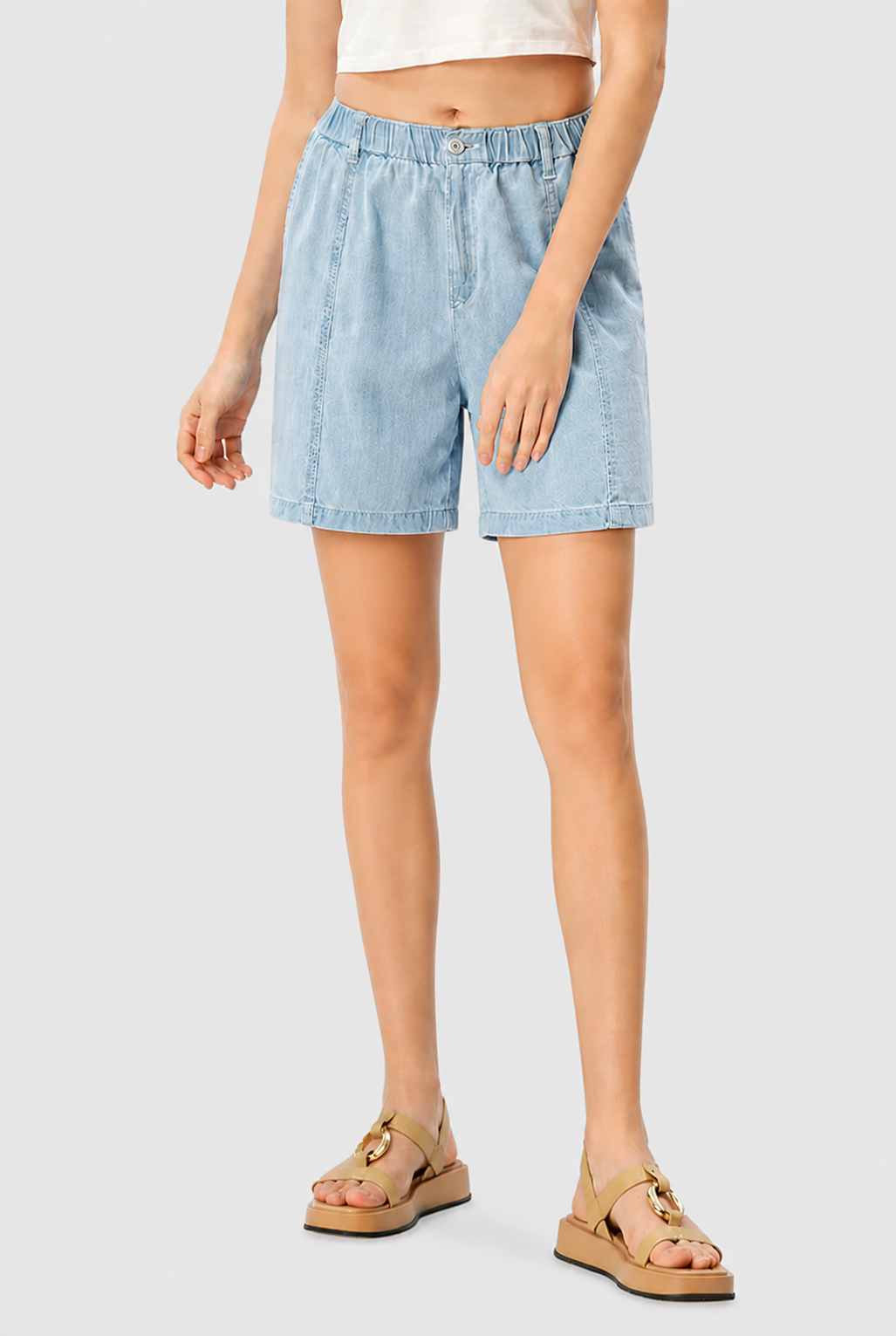 Cotton Denim Shirred Wide Leg Jeans