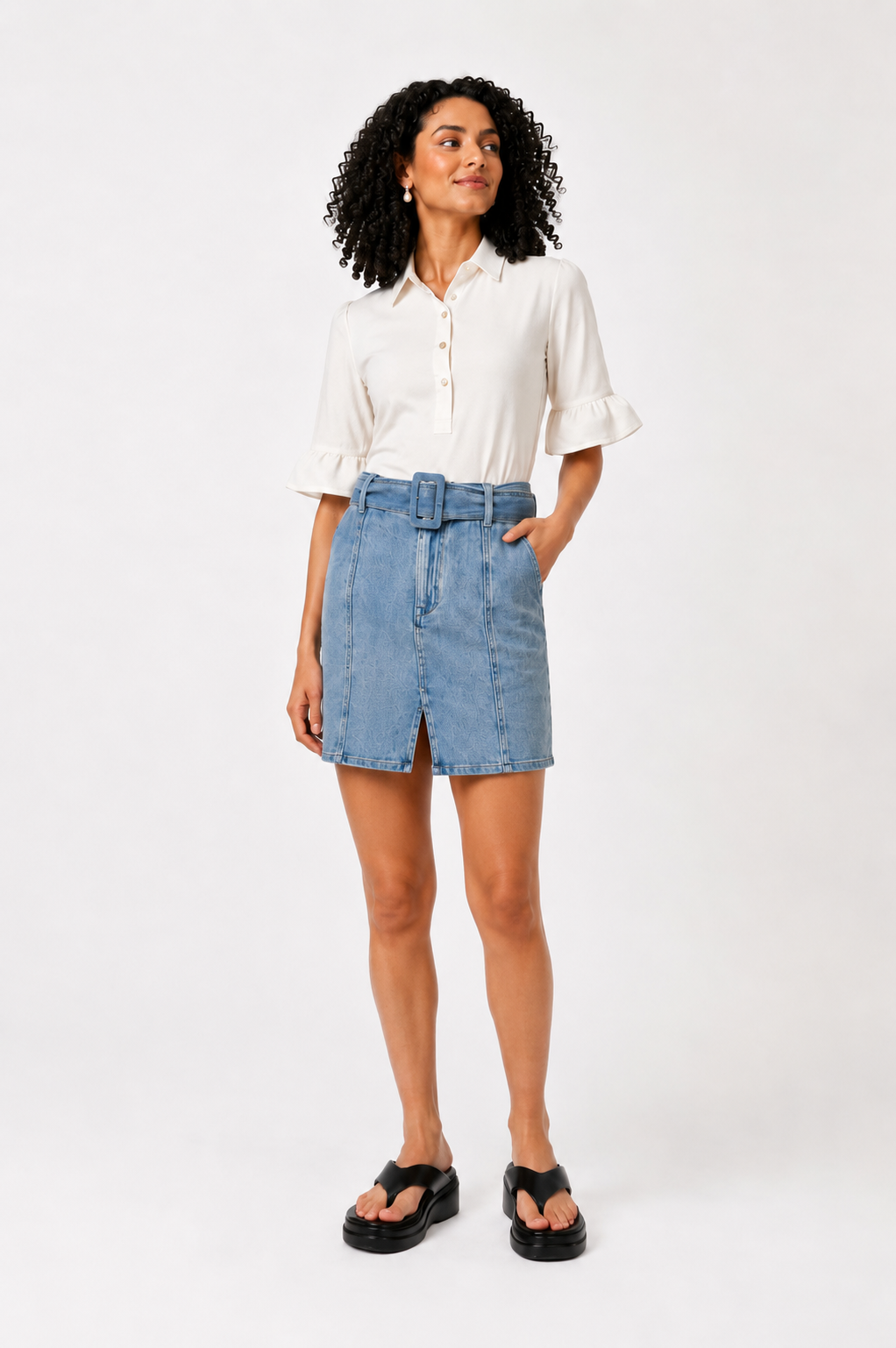 Belted Denim Midi Pencil Skirt