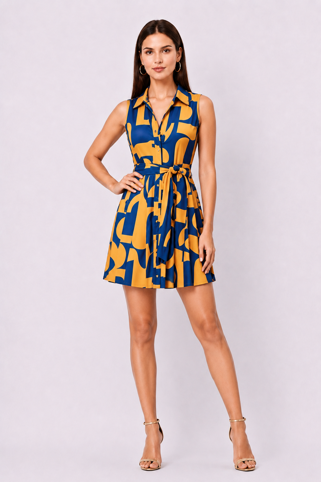 Abstract Print Crepe Sash-Tie Shirtdress