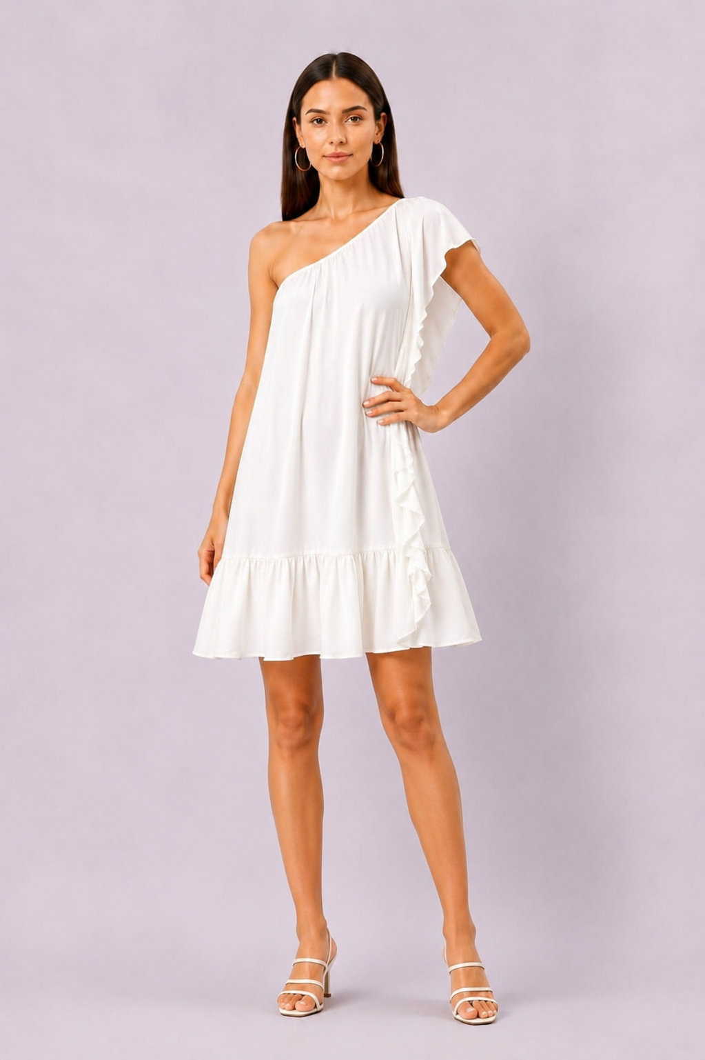 One-Shoulder Ruffle Rayon Crinkle Maxi Dress