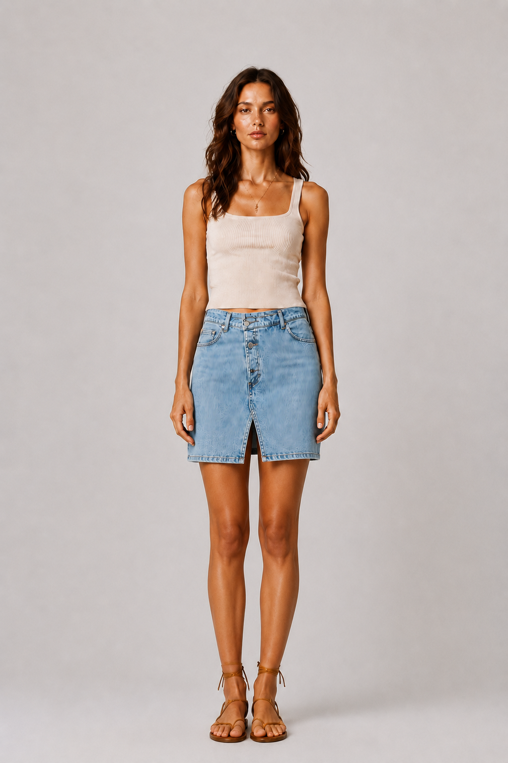 Light Wash Denim Front-Slit Maxi Skirt