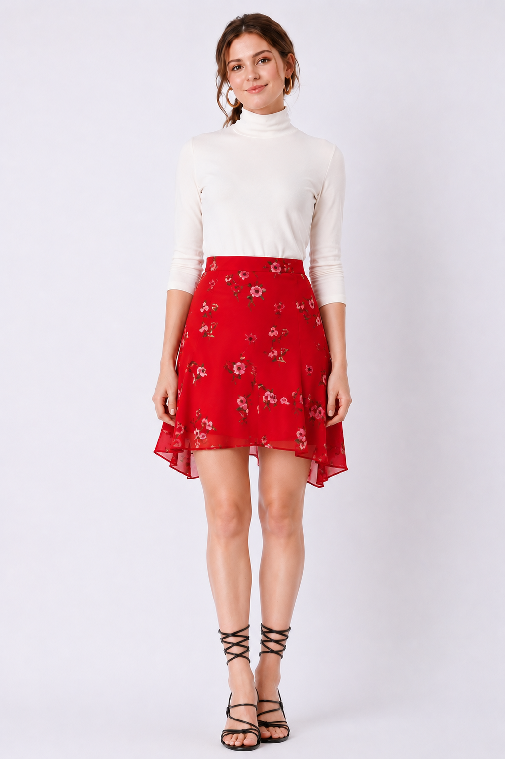 Asymmetric Flounce Hem Floral Print Georgette Skirt