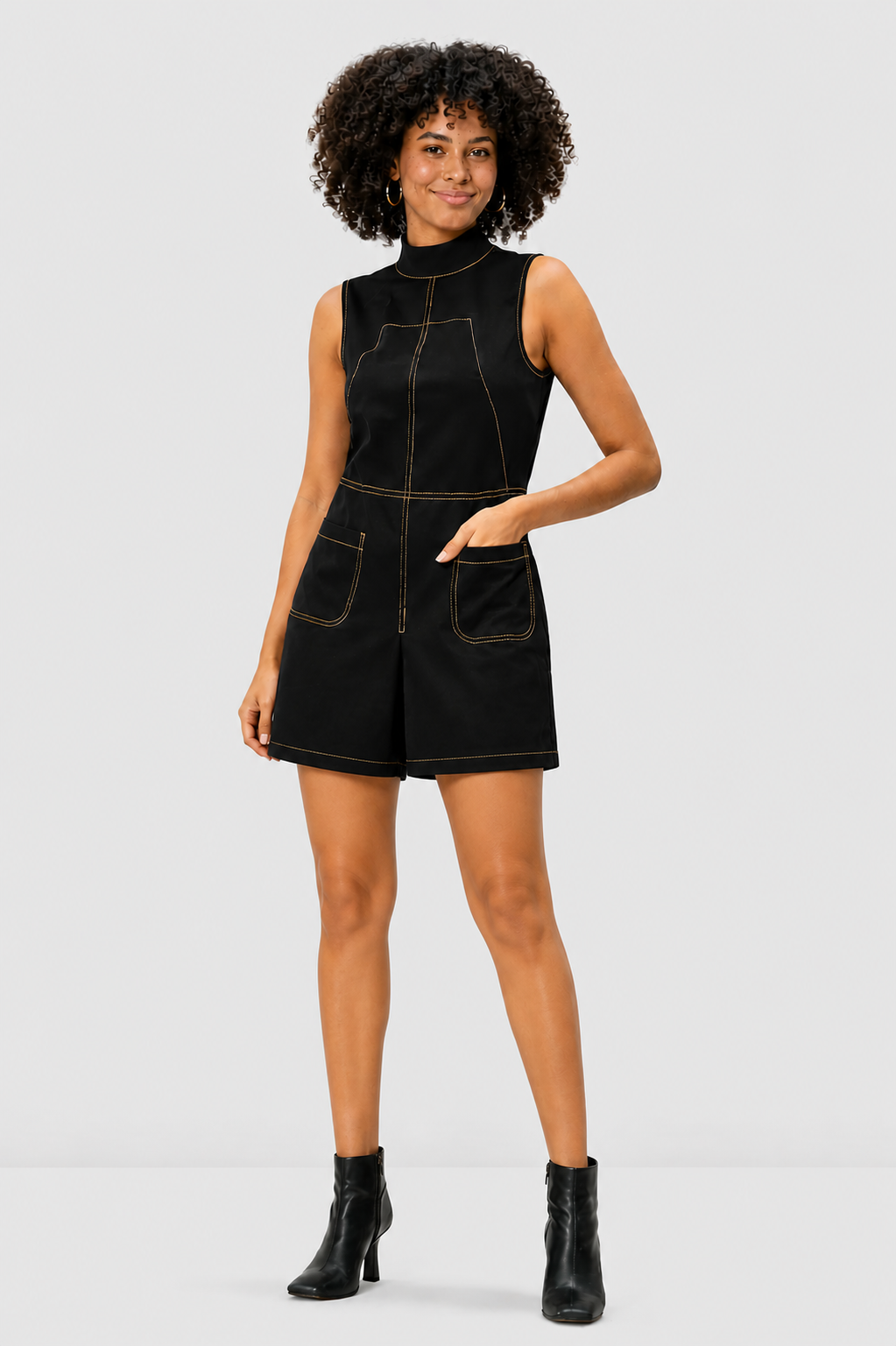 Wide-Leg Cotton Poplin Jumpsuit | Sleeveless High-Neck Contrast-Stitch One-Piece