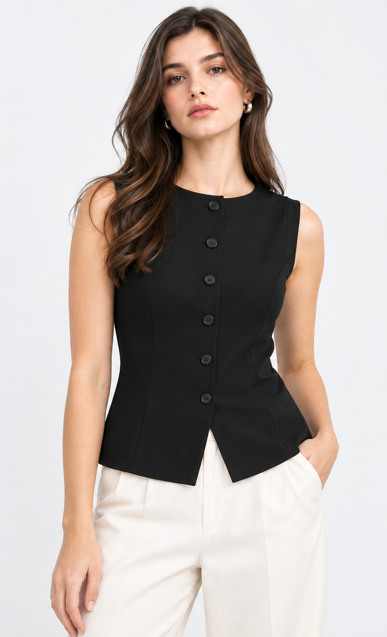 Women’s Black Ribbed Sleeveless Button-Front Waistcoat Top