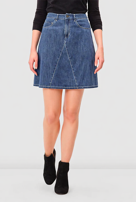 Pieced Cotton Denim Flared Skirt