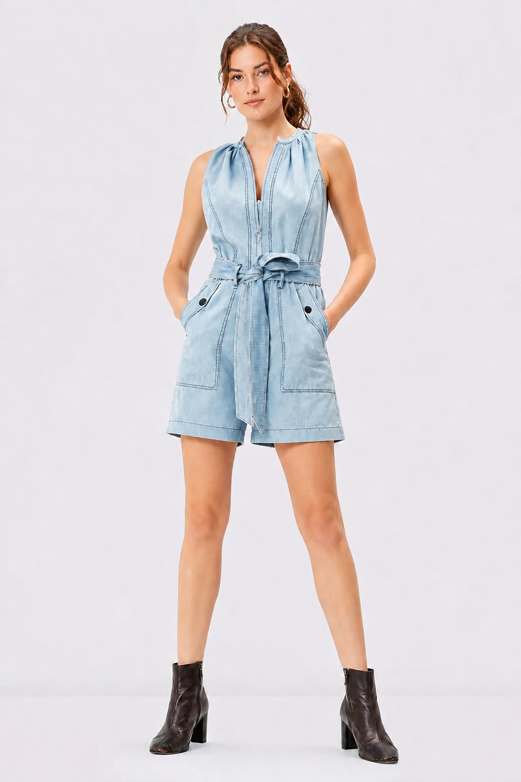 Zip-Front Cotton Denim Palazzo Jumpsuit | Light Wash Wide-Leg Belted One-Piece