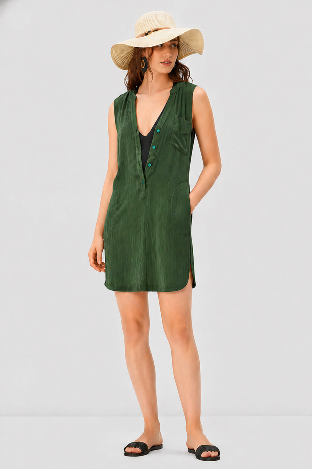 Rayon Crinkle Vented Shift Dress