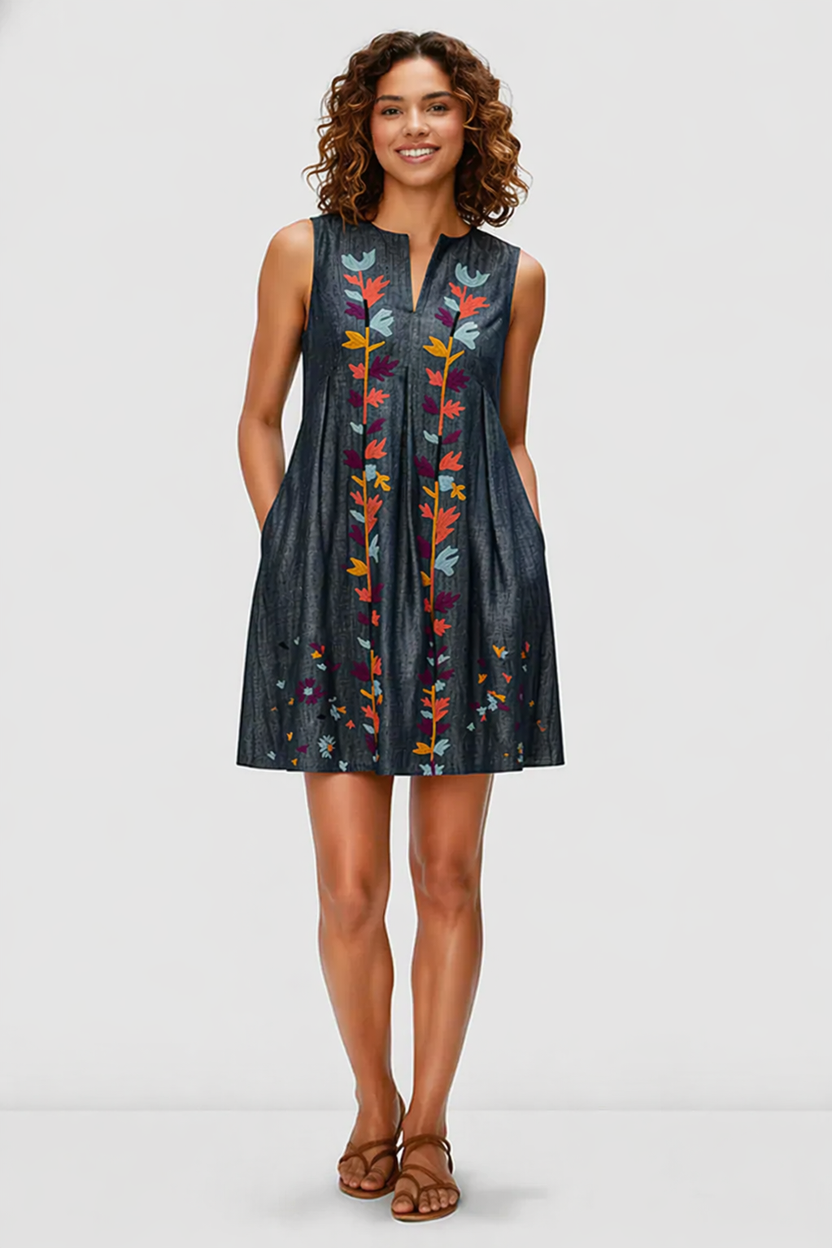 Leafy Embroidery Cotton Chambray Release Pleat Shift Dress