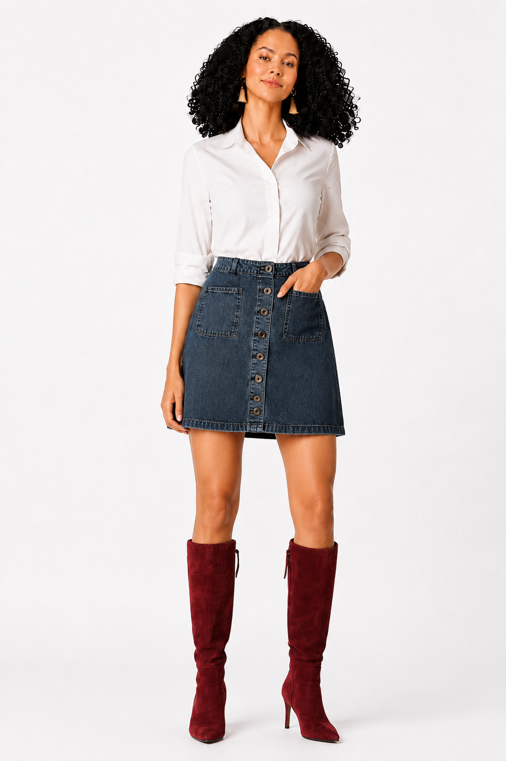 Dark Wash Button-Front Denim A-Line Skirt