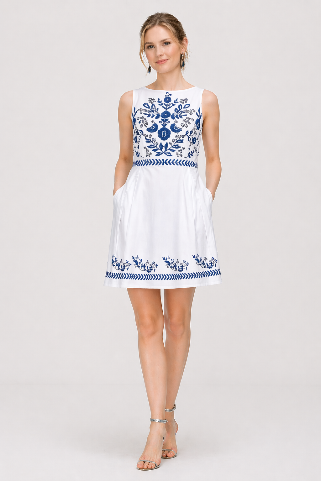 Floral Vine Embroidery Cotton Poplin Maxi Dress