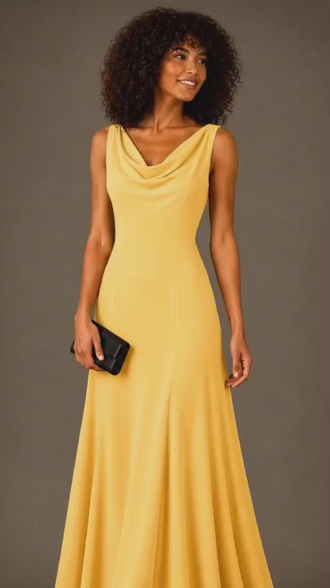 Yellow Satin Crepe Draped Cowl Neck Maxi Dress