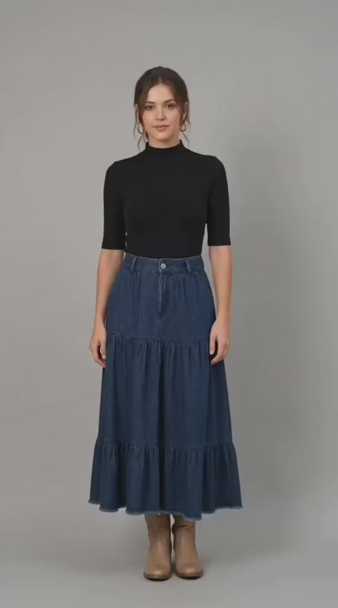 Cotton Denim Tiered Maxi Skirt