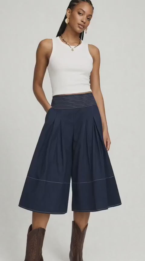 Navy Smocked-Waist Wide-Leg Culottes
