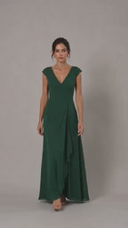 Dark Green Heavy Crepe Wrap-Style Maxi Dress with V-Neck and Ruffle Detail