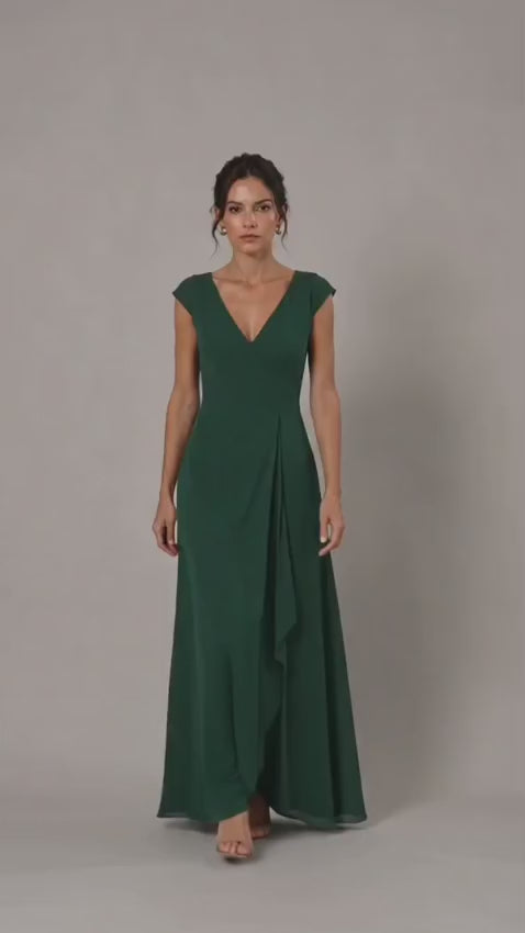 Dark Green Heavy Crepe Wrap-Style Maxi Dress with V-Neck and Ruffle Detail