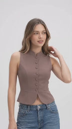 Women’s Mauve Jersey Sleeveless Button-Front Peplum Top