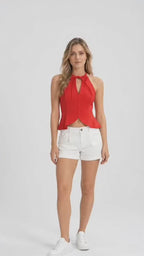 Women’s Red Polyester Halter Peplum Top