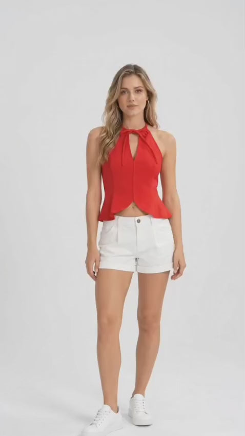 Women’s Red Polyester Halter Peplum Top