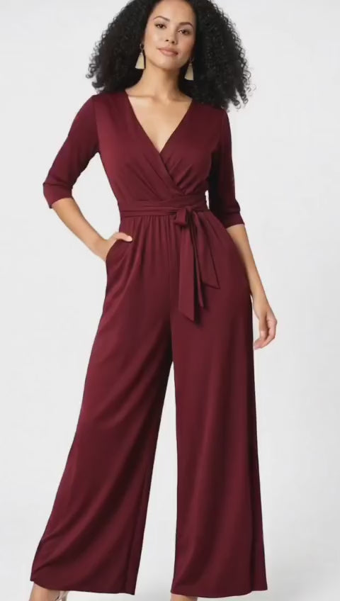 Tie Waist Empire Jersey Palazzo Jumpsuit – Wine Burgundy