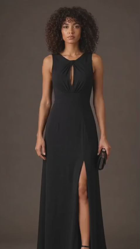 Black French Crepe Sleeveless Sweetheart Neck Maxi Dress with Front Slit