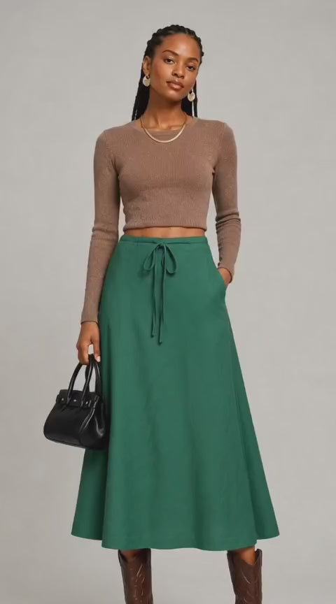 Emerald Green Drawstring A-Line Midi Skirt