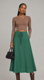 Emerald Green Drawstring A-Line Midi Skirt