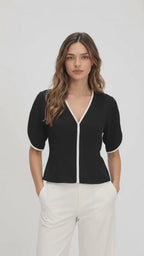 Women’s Black Polyester V-Neck Top