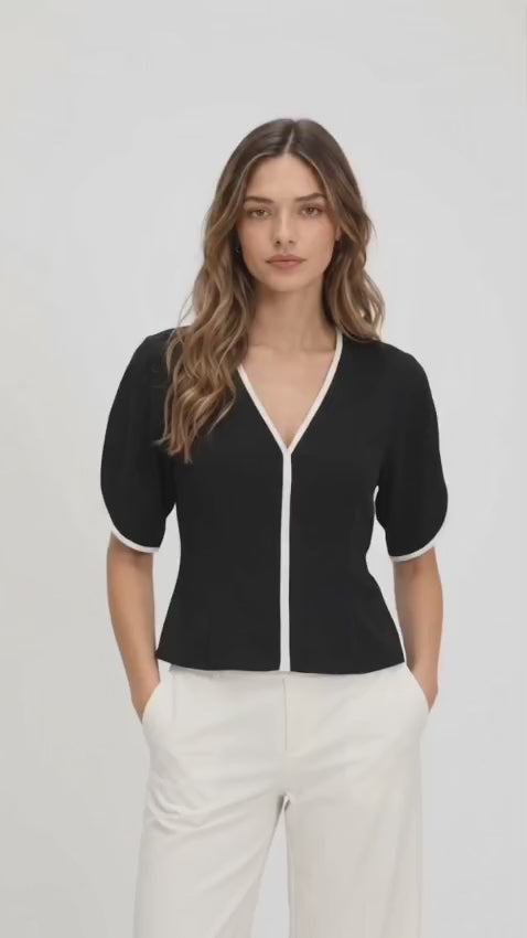 Women’s Black Polyester V-Neck Top