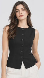 Women’s Black Ribbed Sleeveless Button-Front Waistcoat Top