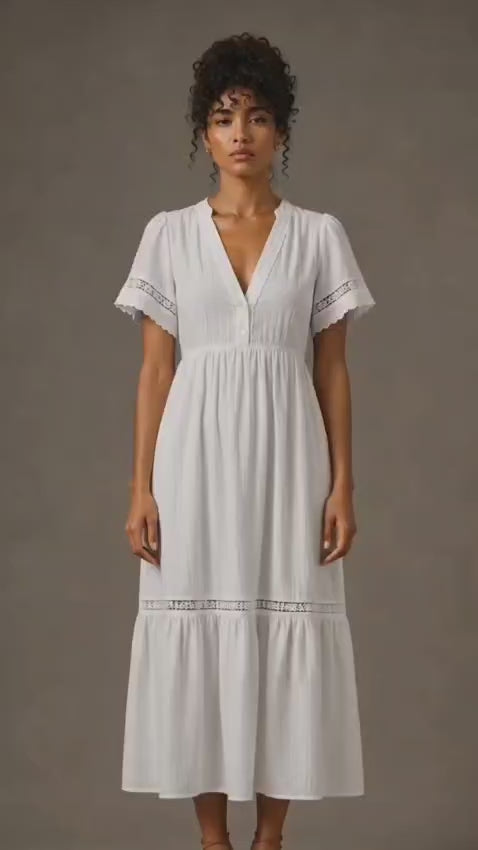 White Cotton Gauze Lace Trim Midi Dress