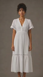 White Cotton Gauze Lace Trim Midi Dress