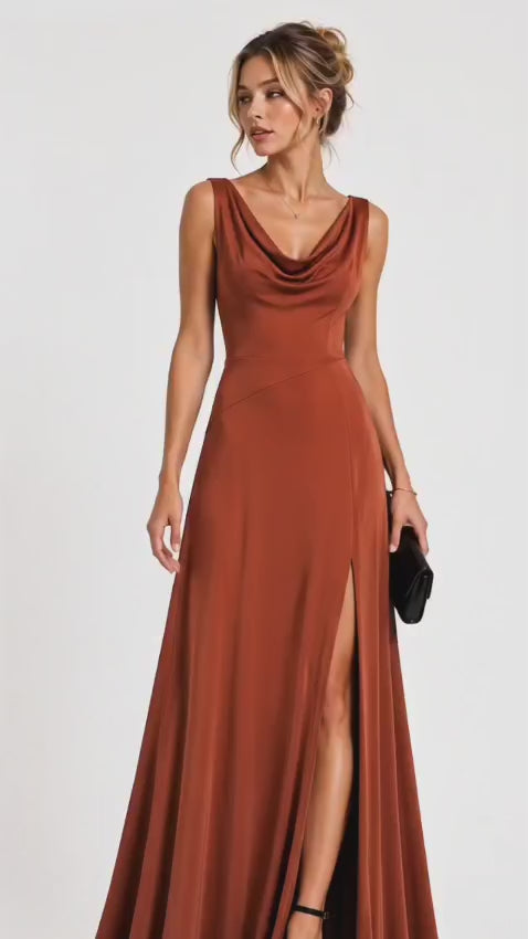 Rust Orange Heavy Crepe Draped Neck Maxi Dress with Front Slit