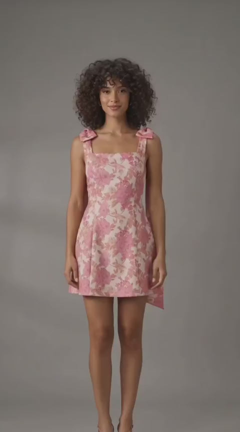 Pink Floral Bow Strap Mini Dress