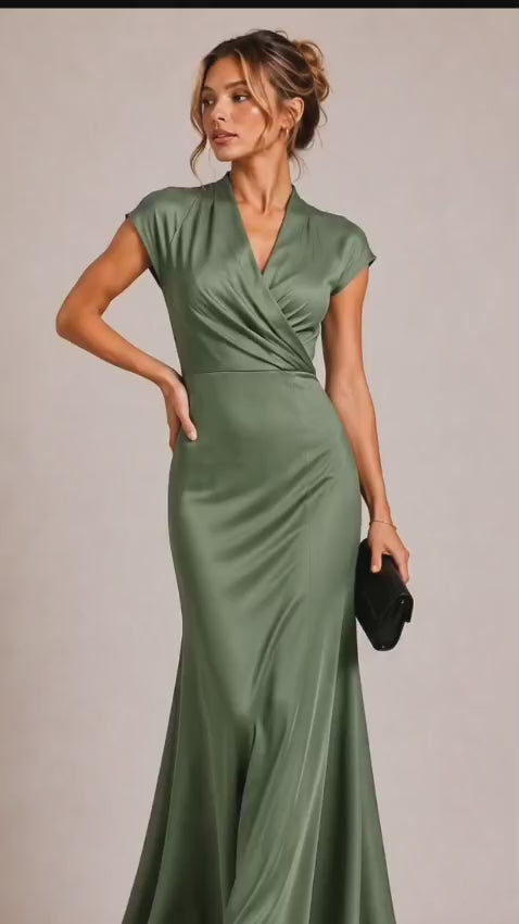 Sage Green Crepe Wrap-Style Maxi Dress with Short Sleeves
