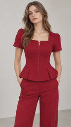 Women’s Red Cotton Blend Square Neck Peplum Top