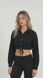 Women’s Black Cotton Cropped Button-Down Shirt