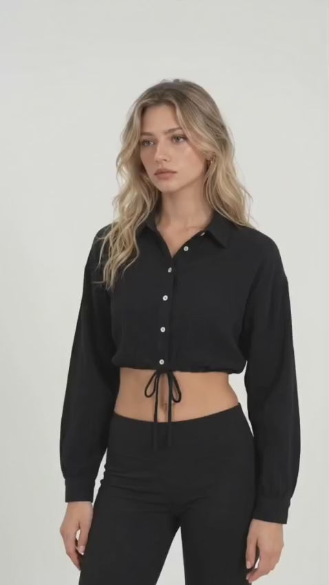 Women’s Black Cotton Cropped Button-Down Shirt