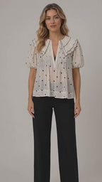 White Polyester Polka Dot Scalloped Collar Pleated Detail Puff Sleeve Top