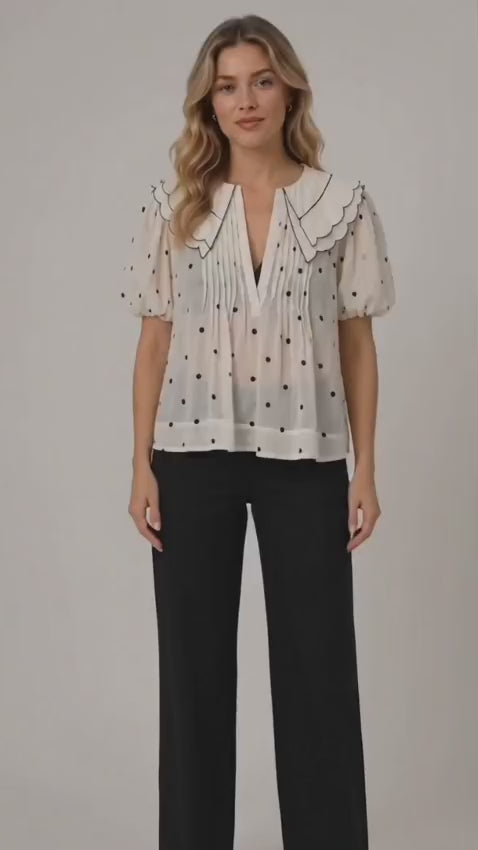 White Polyester Polka Dot Scalloped Collar Pleated Detail Puff Sleeve Top