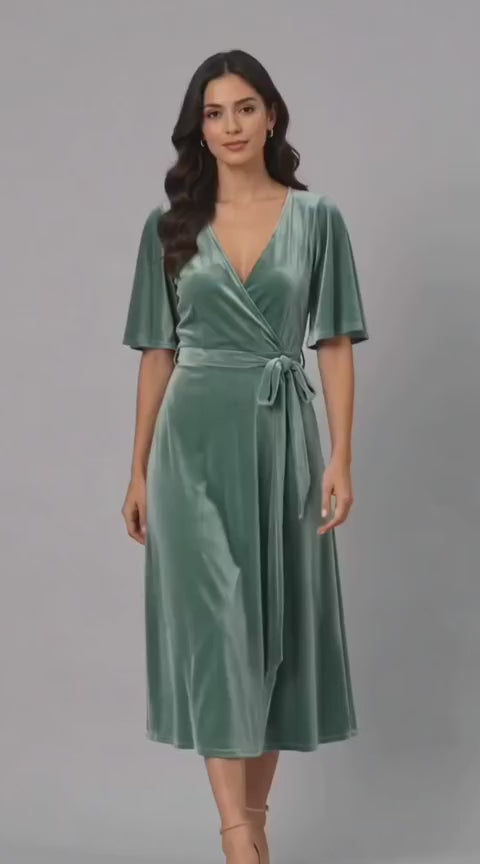 Flutter Sleeve Stretch Velvet Wrap Dress