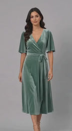 Flutter Sleeve Stretch Velvet Wrap Dress