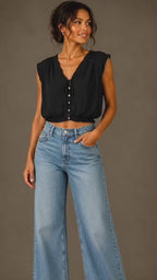 Black Cotton V-Neck Button-Front Crop Top with Drawstring Detail