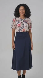 Navy High-Waisted Flared Midi Skirt