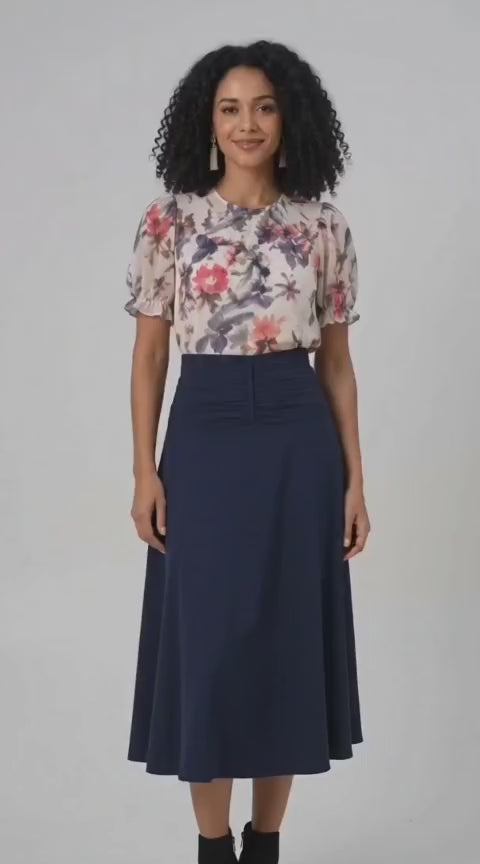 Navy High-Waisted Flared Midi Skirt
