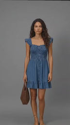 Blue Cotton Smocked Mini Dress