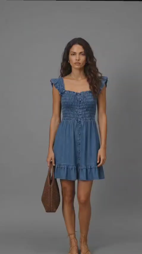 Blue Cotton Smocked Mini Dress