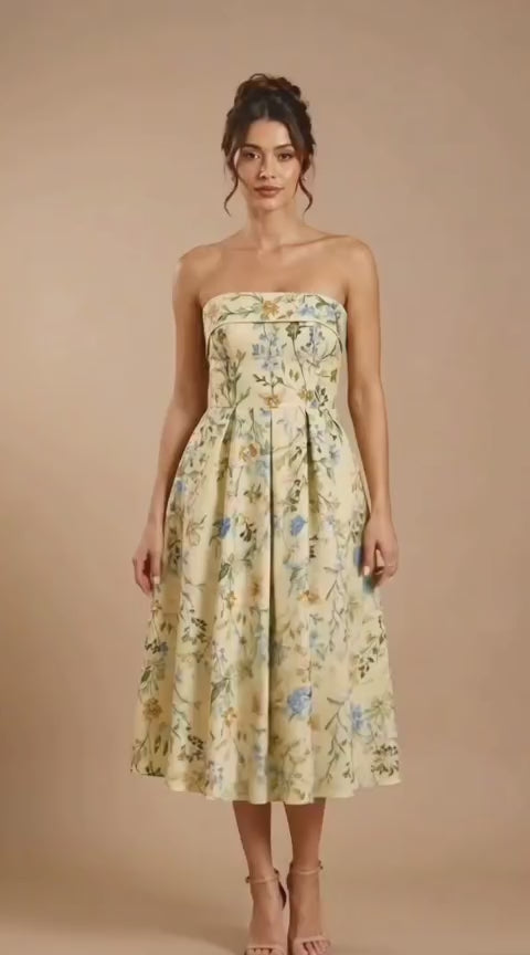 Strapless Floral Satin A-Line Maxi Dress