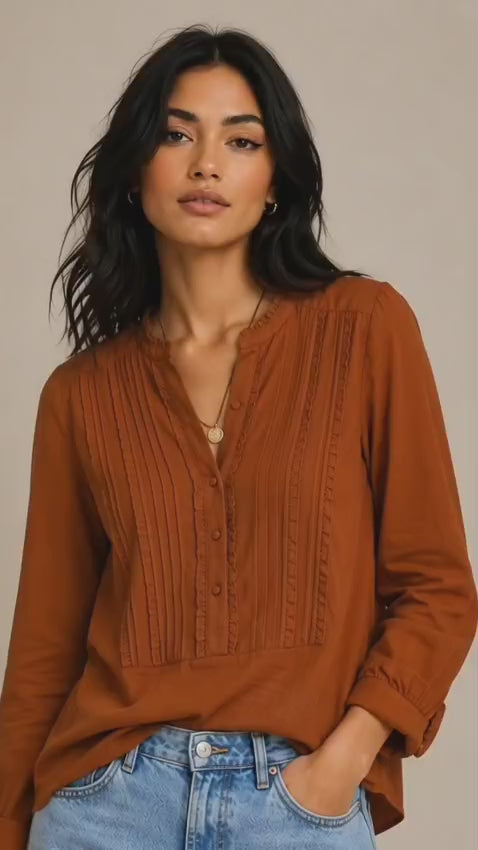 Women’s Rust Cotton Pintuck Button-Front Blouse