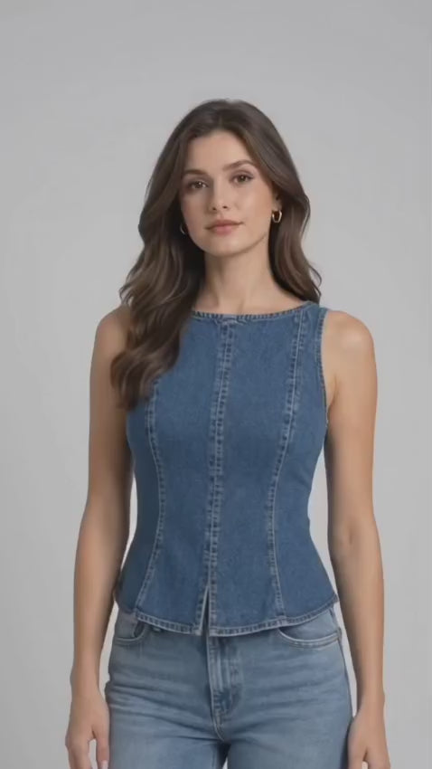Women’s Blue Denim Sleeveless Peplum Top