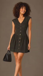 Olive Green Button-Front Cotton Mini Dress